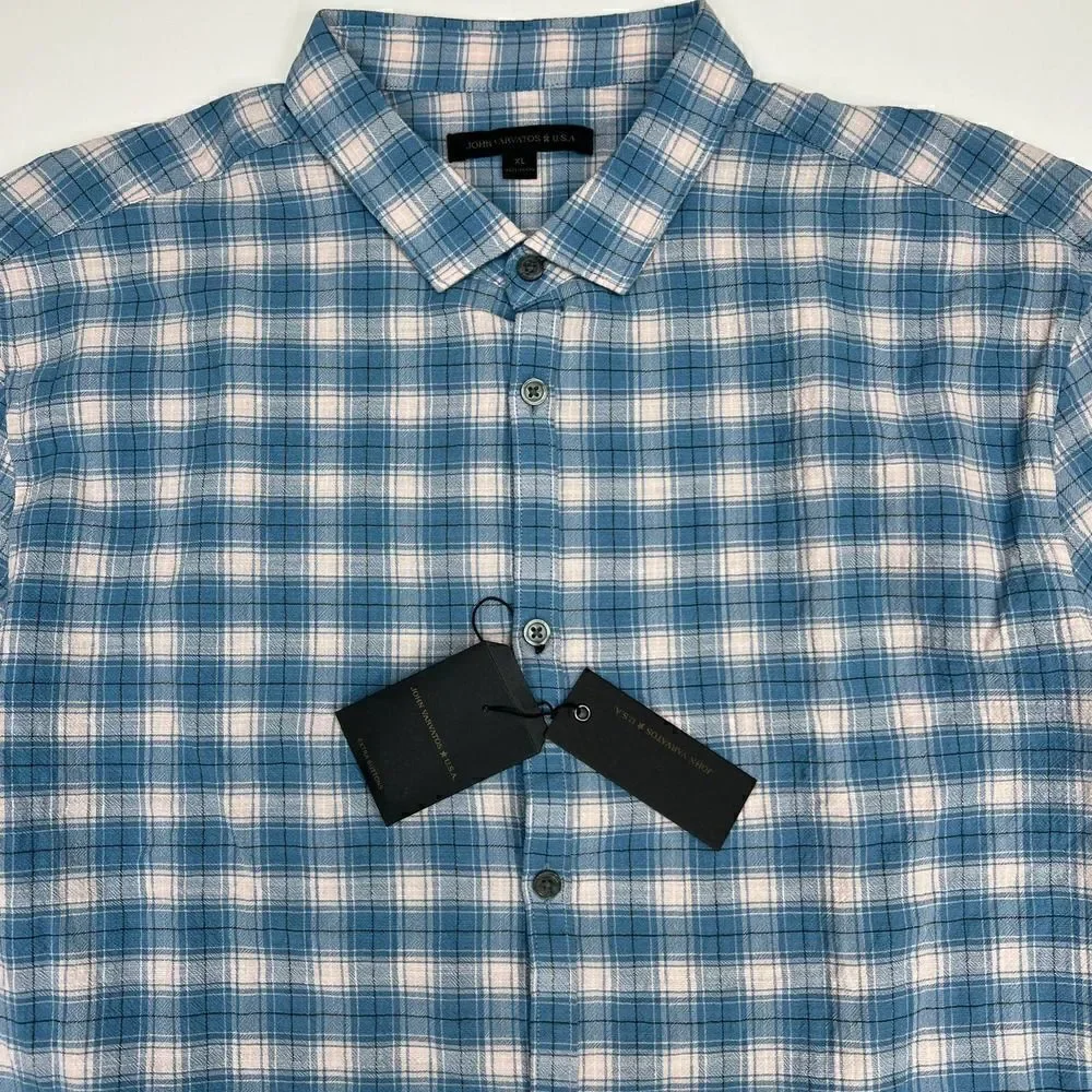 New John Varvatos Men US XL Blue White Plaid Shirt Long Sleeve Button Down - Picture 9 of 13